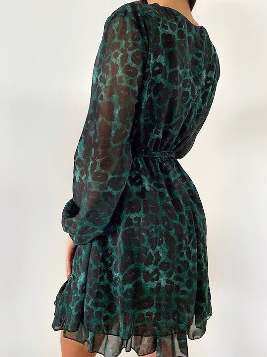 DOT All Day Long Sleeve Mini Dress Green Animal Print