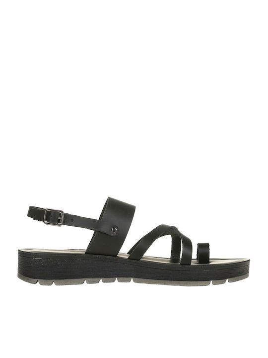 Bella Leather Women's Flat Sandals with Strap Flatforms in Black Color