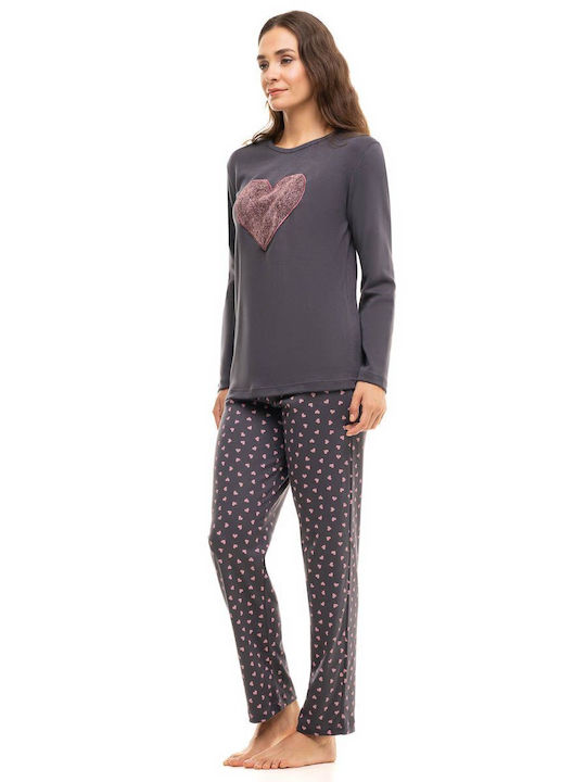 Cherry Underwear Winter Women's Pyjama Set Cotton Gray Heart