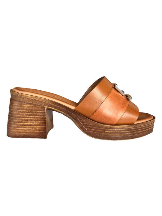 Gkavogiannis Sandals Chunky Heel Leather Mules Tabac Brown