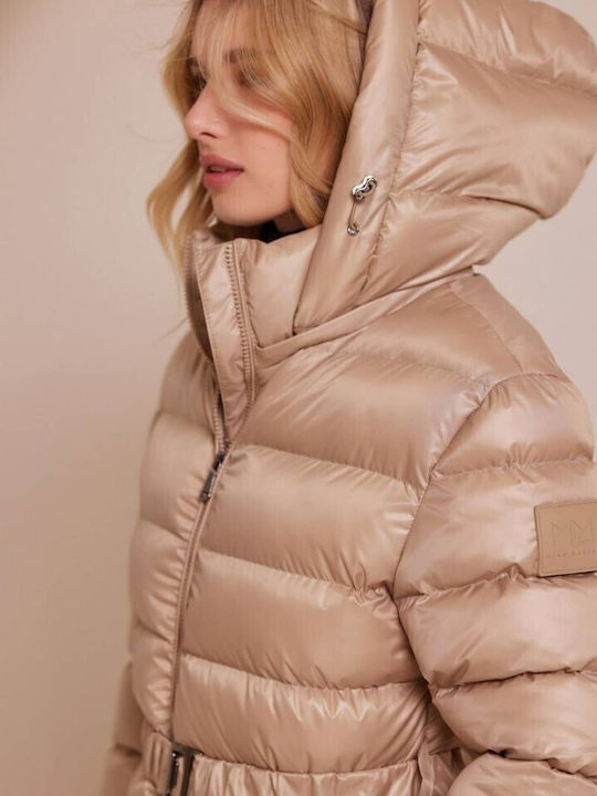 Mind Matter Women's Long Puffer Jacket for Winter with Hood Beige