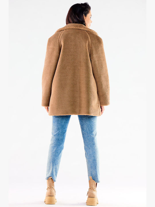 Awama Women's Midi Coat with Buttons and Fur Camel