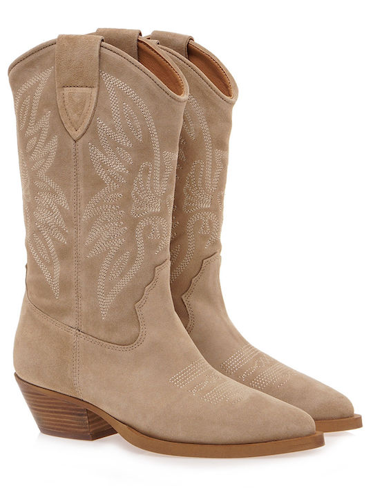 Alpe Suede Medium Heel Cowboy Boots Beige