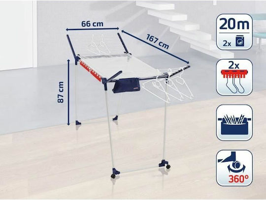 Leifheit Pegasus 200 Deluxe Folding Aluminum Floor Clothes Drying Rack with Wheels and 20 m Hanging Length