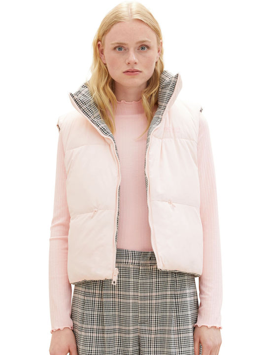 Tom Tailor Women's Short Puffer Jacket Double Sided for Winter Pink Grey Plaid