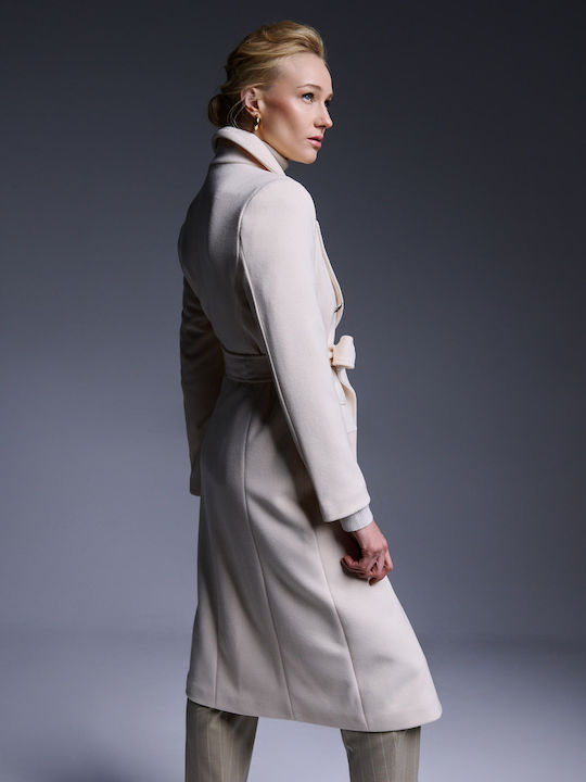 R.R. Women's Midi Coat with Belt Ecru