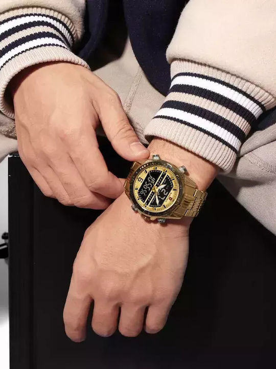 Naviforce Дигитален Мъжки Часовник 45мм Хронограф На Батерия Със Златна Метална Гривна