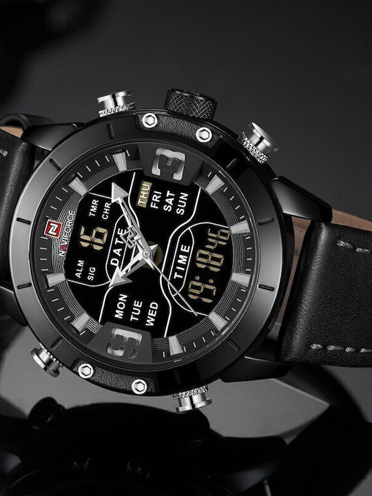 Naviforce Herrenuhr 45mm Chronograph Batterie mit Schwarz Lederarmband
