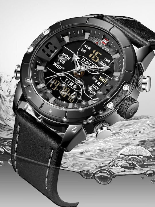Naviforce Herrenuhr 45mm Chronograph Batterie mit Schwarz Lederarmband
