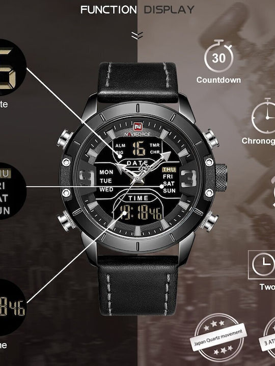 Naviforce Herrenuhr 45mm Chronograph Batterie mit Schwarz Lederarmband