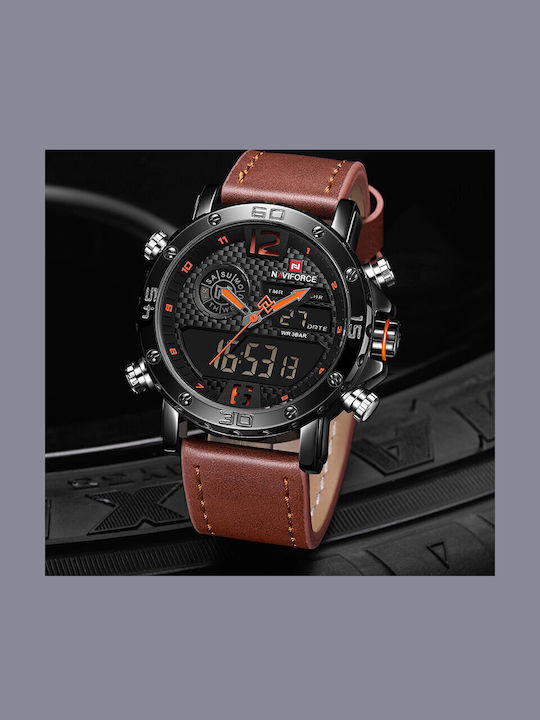 Naviforce Herrenuhr 45mm Chronograph Batterie mit Braun Lederarmband