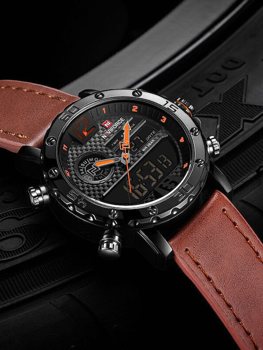 Naviforce Herrenuhr 45mm Chronograph Batterie mit Braun Lederarmband