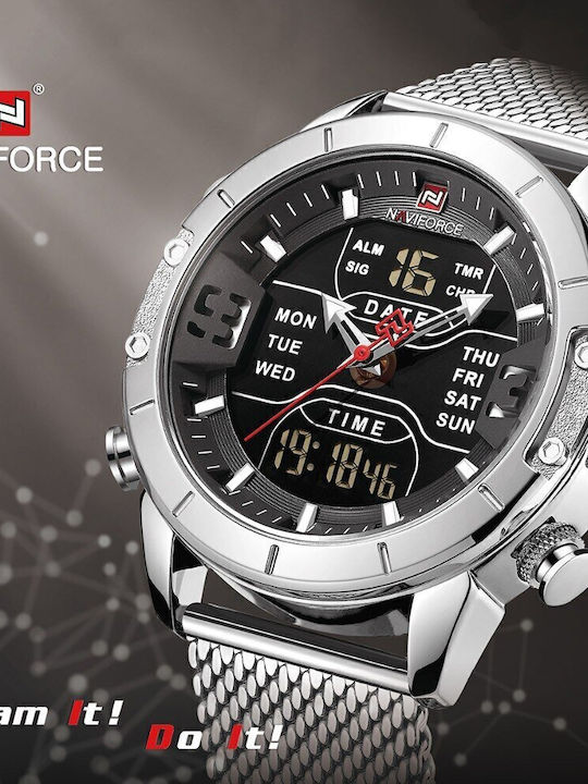 Naviforce Мъжки Часовник 45mm Хронограф На Батерия със Сребрист Ацетиленов Гривна