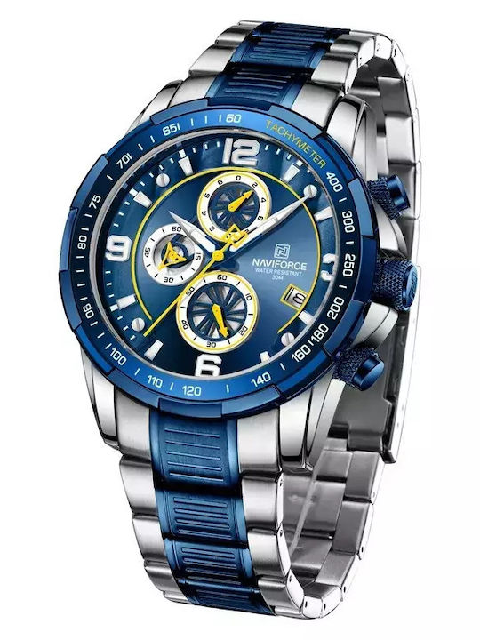 Naviforce Herrenuhr 46mm Chronograph Batterie mit Blau Metallarmband