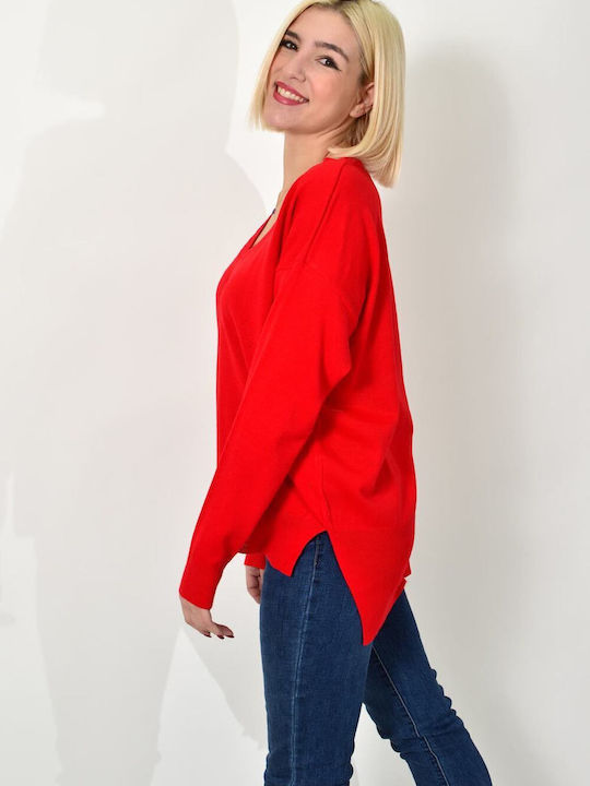 Potre Women's Long Sleeve Sweater with V Neckline Red