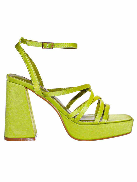 Corina Platform Fabric Women's Sandals with Ankle Strap Green with Thin High Heel