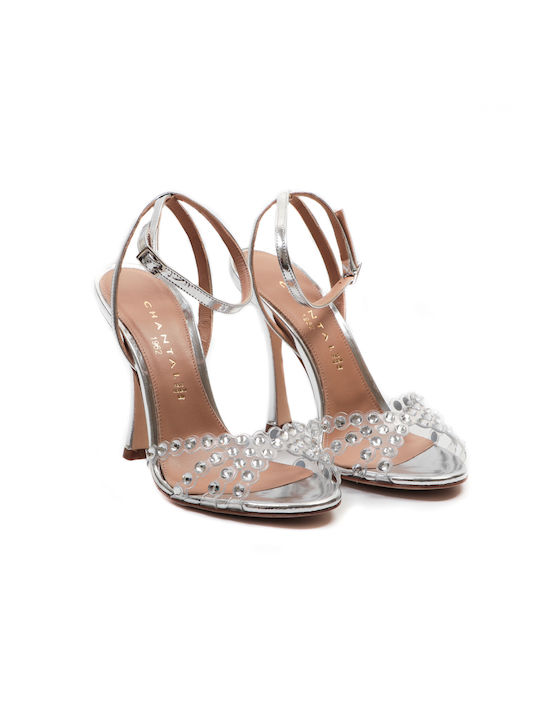 High Leather Women's Sandals Transparent with Strass Silver with High Heel