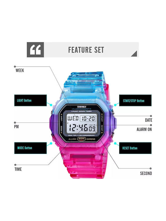 Skmei Vortex Ψηφιακό Γυναικείο Ρολόι 13mm Χρονογράφος Μπαταρίας με Φούξια Καουτσούκ Λουράκι