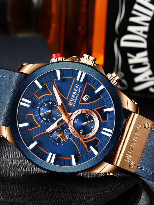 Curren Men's Watch Chronograph Battery with Blue Leather Strap