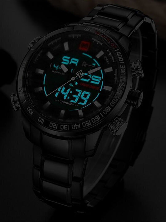 Naviforce Аналогов/Дигитален Мъжки Часовник 47мм Хронограф На Батерия С Черна Метална Гривна