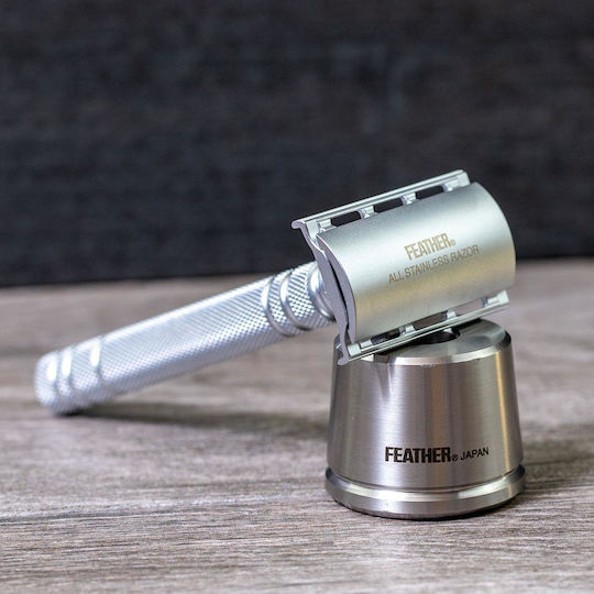 Feather All Stainless Steel Double-Edge AS-D2S Ξυραφάκι Ασφαλείας Ανοιχτού Τύπου για Ευαίσθητες Επιδερμίδες με Βάση