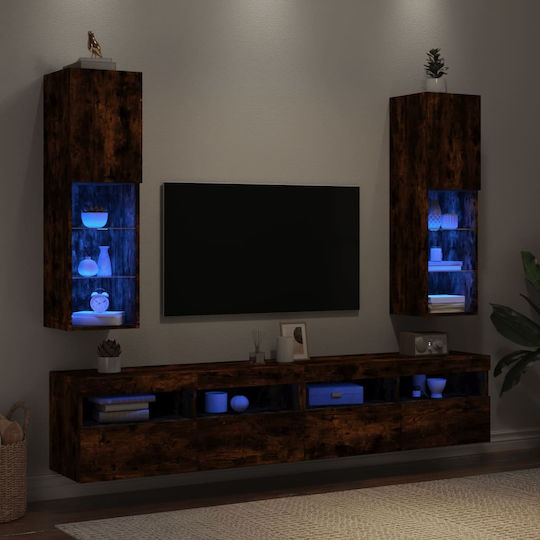 Dulap Suspendat pentru Sufragerie din Placă Aglomerată, Stejar Fumurie, cu Iluminare LED, 30,5x30x102cm