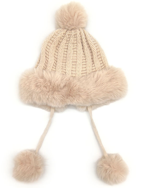 Pom Pom Beanie Γυναικείος Fleece Σκούφος Πλεκτός σε Μπεζ χρώμα