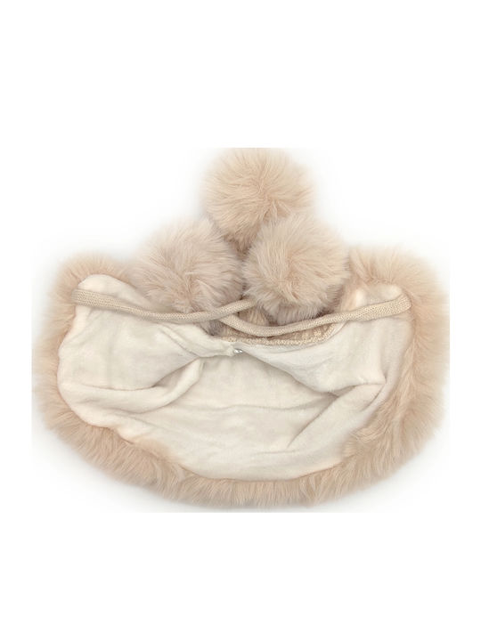 Pom Pom Beanie Γυναικείος Fleece Σκούφος Πλεκτός σε Μπεζ χρώμα