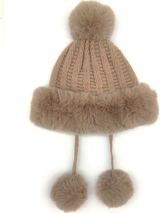 Pom Pom Beanie Γυναικείος Fleece Σκούφος Πλεκτός σε Καφέ χρώμα