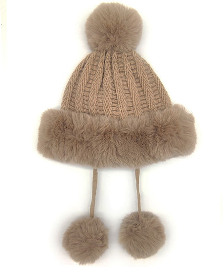 Pom Pom Beanie Fleece Beanie Knitted in Brown color