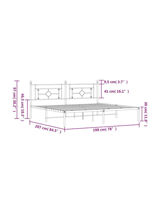 King Size Metal Bed White with Slats for Mattress 193x203cm