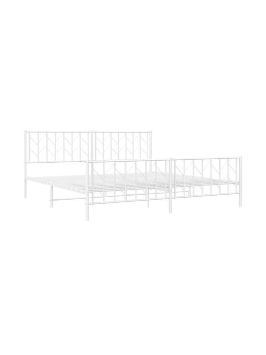 Bed King Size Metal White with Slats for Mattress 193x203cm