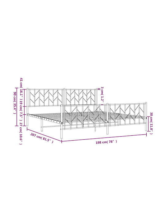 Bed King Size Metal White with Slats for Mattress 193x203cm