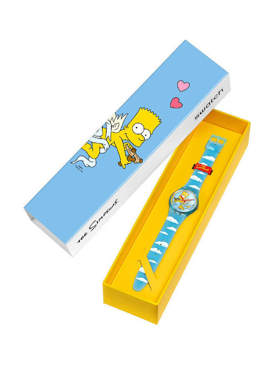 Swatch The Simpsons Angel Bart Γυναικείο Ρολόι 34mm Μπαταρίας με Γαλάζιο Καουτσούκ Λουράκι