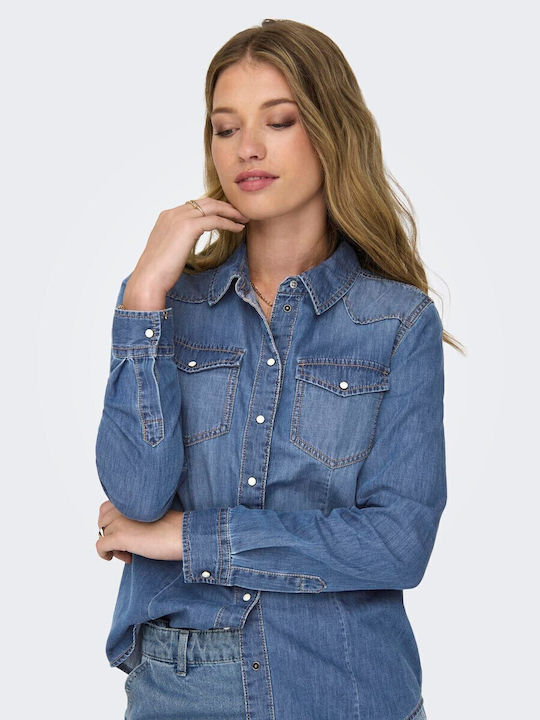 Long Sleeve Women's Denim Shirt Medium Blue Denim