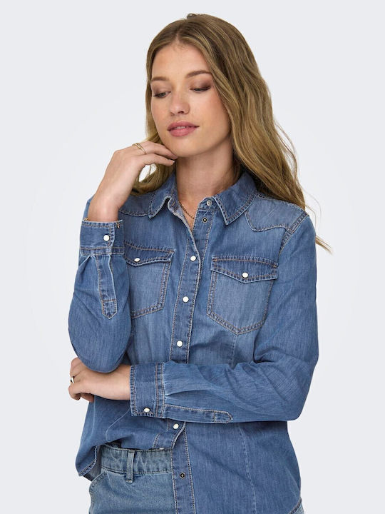 Long Sleeve Women's Denim Shirt Medium Blue Denim