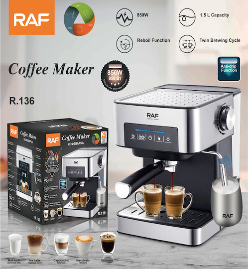 Raf Μηχανή Espresso 850W Πίεσης 15bar Ασημί R.136