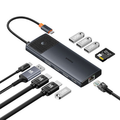 Baseus Metal Gleam Series USB-C Stație de andocare cu HDMI/DisplayPort 4K PD Ethernet și conexiune 3 monitoare Gri