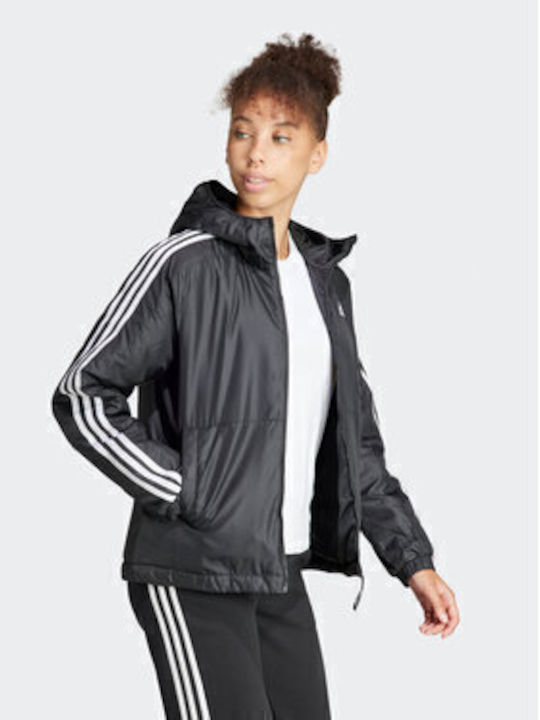Essentials 3-Stripes Insulated Women's for Hiking Short Sports Jacket for Spring or Autumn with Hood Black