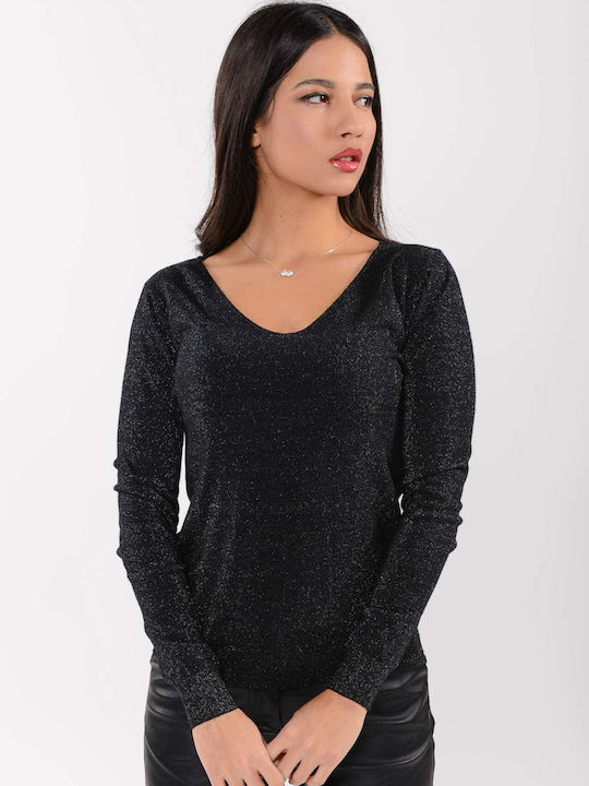 Doretta Women's Long Sleeve Sweater with V Neckline Polka Dot Black