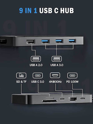 Lemorele TC92 USB-C Stație de andocare cu HDMI 4K PD Ethernet Negru
