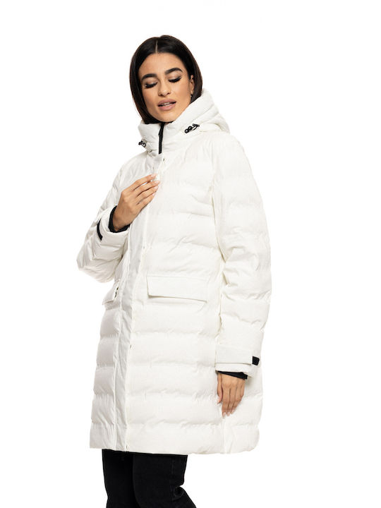 Splendid Women's Long Puffer Jacket for Winter with Hood Off White