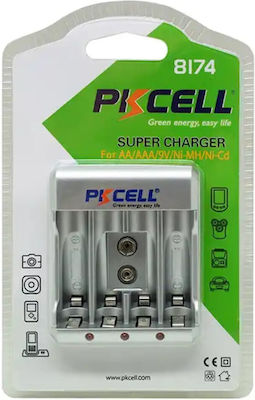 Pkcell PK-8174 Charger 4 Batteries Ni-Cd/Ni-MH Size AA/AAA/9V in Silver color