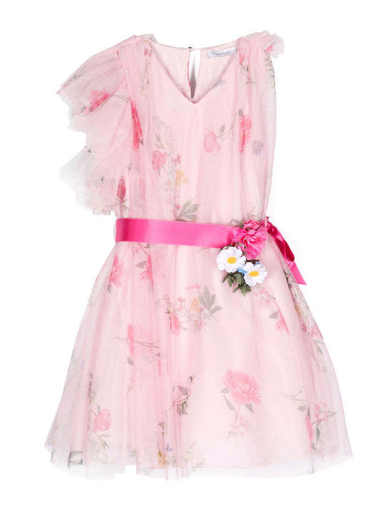 Monnalisa Mädchen Kleid Tüll Blumen Kurzärmelig Rosa