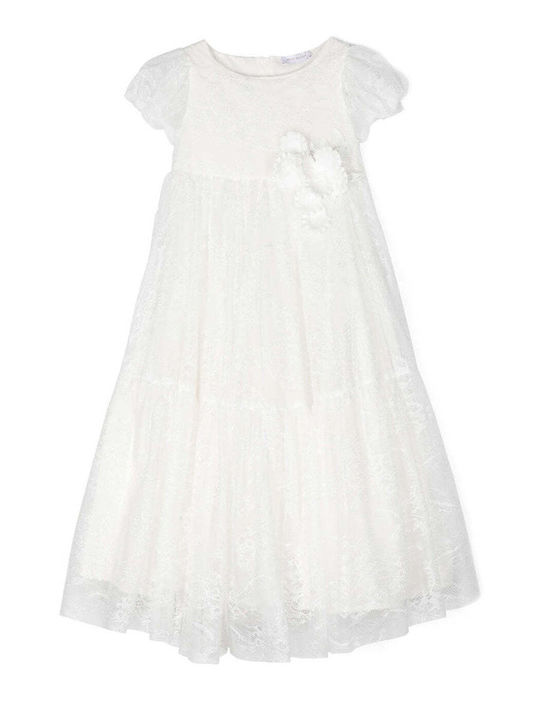 Monnalisa Kids Dress Floral Short Sleeve White