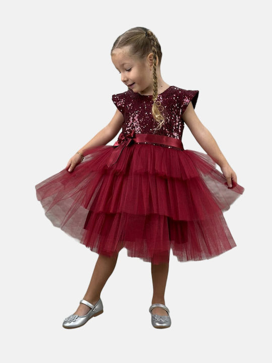 Kids Dress with Sequins Short Sleeve Bordeaux