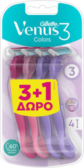 Venus 3 Color Ξυραφάκια Σώματος μιας Χρήσης με 3 Λεπίδες & Λιπαντική Ταινία 4τμχ