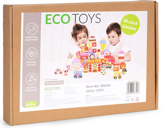 Ecotoys Cuburi De Construit Educative Candy City Din Lemn Pentru 3+ Ani 116 Bucăți