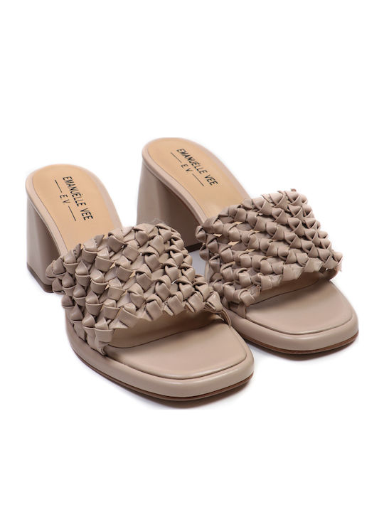 Leder Damen Sandalen mit mittlerem Absatz in Beige Farbe