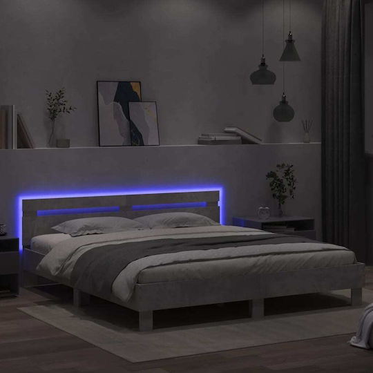 Bed King Size Wooden Grey Concrete with Slats for Mattress 180x200cm